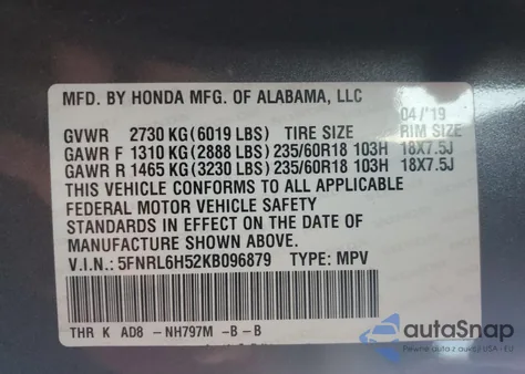 2019 Honda Odyssey Ex z USA, uszkodzony, nr VIN 5FNRL6H52KB096879